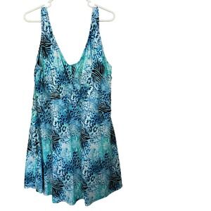 Your Best Look Plus Size 24W One Piece Swim Dress Blue Teal Tummy Control Modest